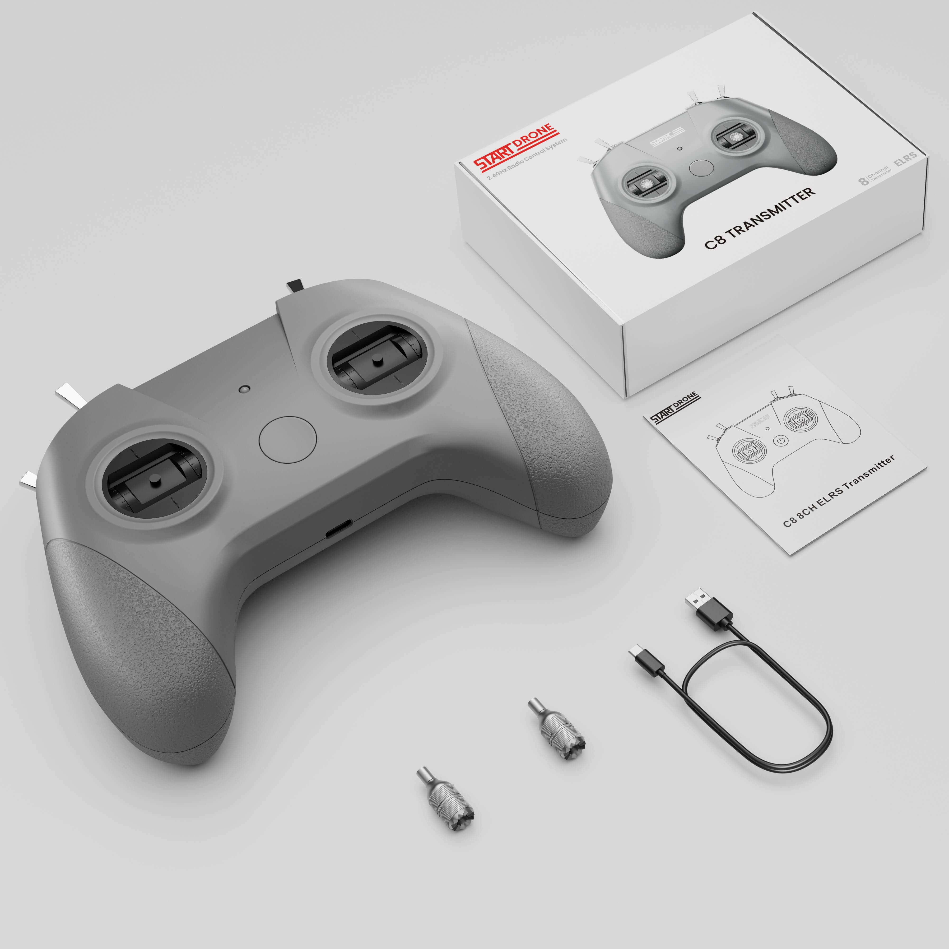 STARTFPV C8 transmitter combo package contents including remote controller, CR8 ELRS receiver, antenna and accessories
