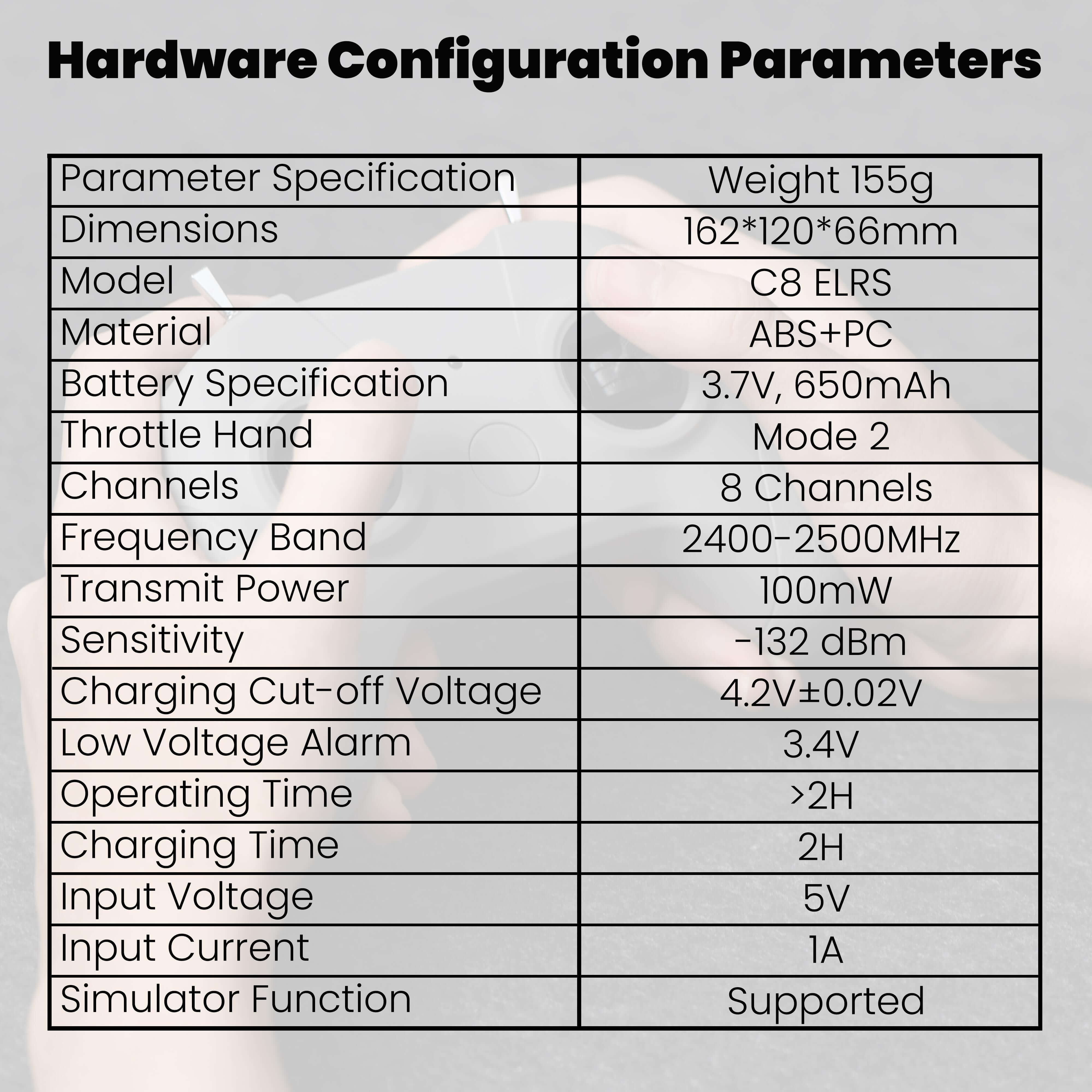 Specification chart for STARTFPV C8 transmitter and CR8 ELRS receiver showing ELRS protocol, range, latency, power output and features