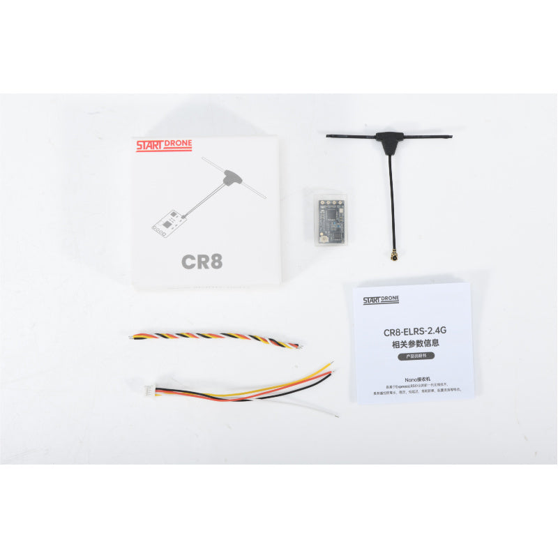 Complete STARTFPV CR8 ELRS Receiver kit including receiver module, antenna, mounting accessories, and user manual