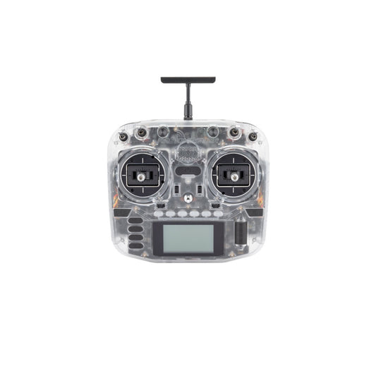 Showcase image of the radiomaster Boxer Transparent Version radio, highlighting its clear shell design and high-performance ELRS features.