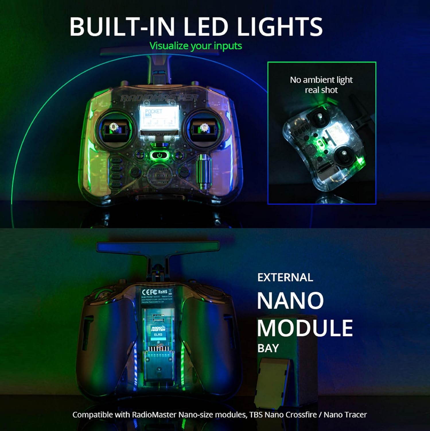 LED indicators and backlit LCD screen on Radiomaster Pocket Transmitter