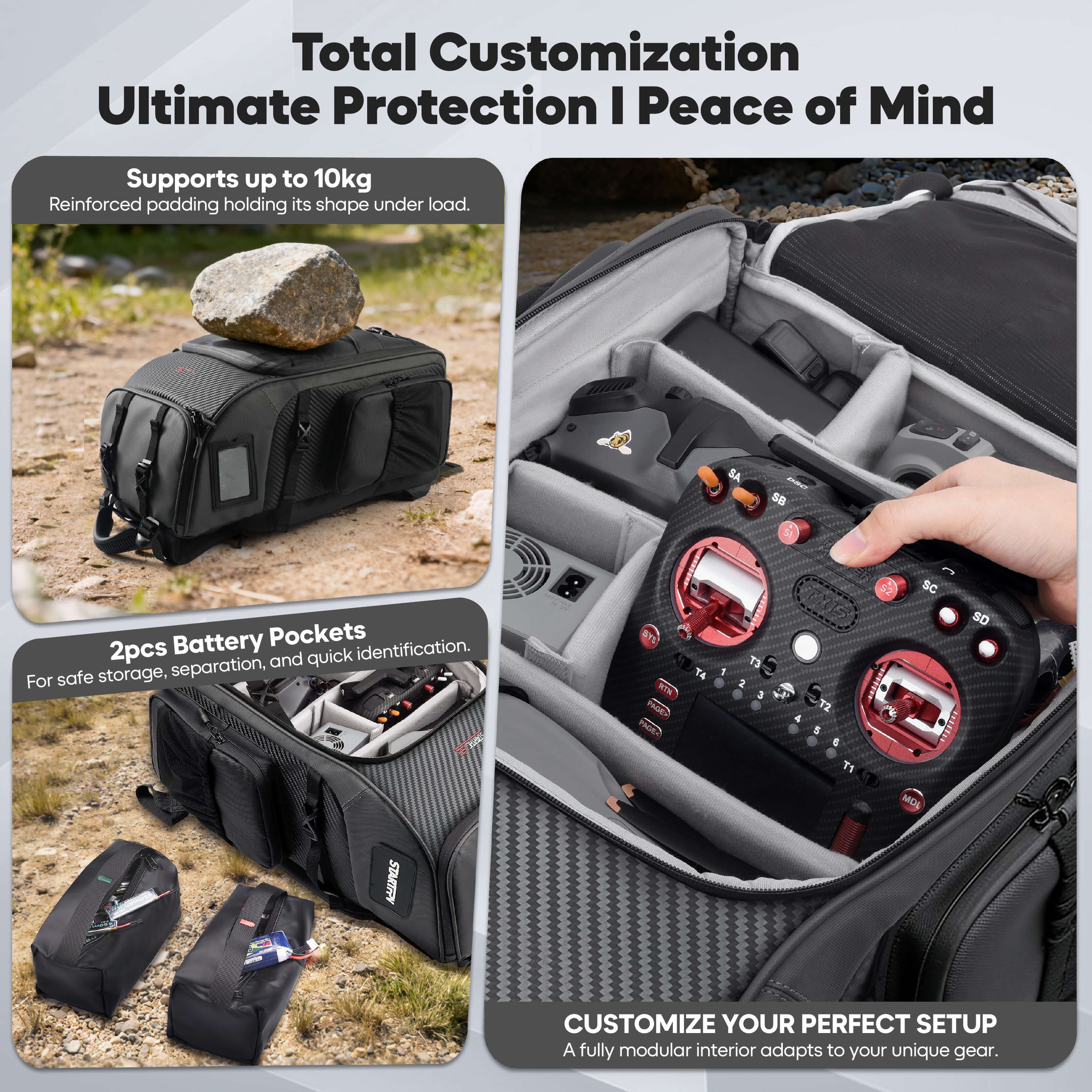 STARTFPV BP2 FPV Drone Backpack showing customizable DIY divider design for organizing drones and accessories efficiently