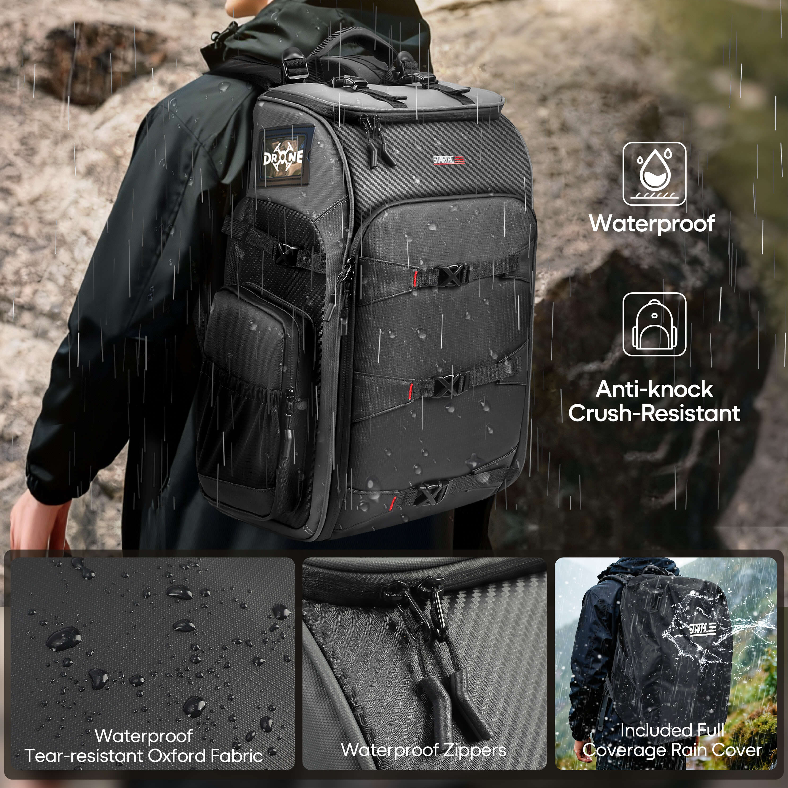 STARTFPV BP2 FPV Drone Backpack showing waterproof and protective design to keep drones and accessories safe during outdoor use