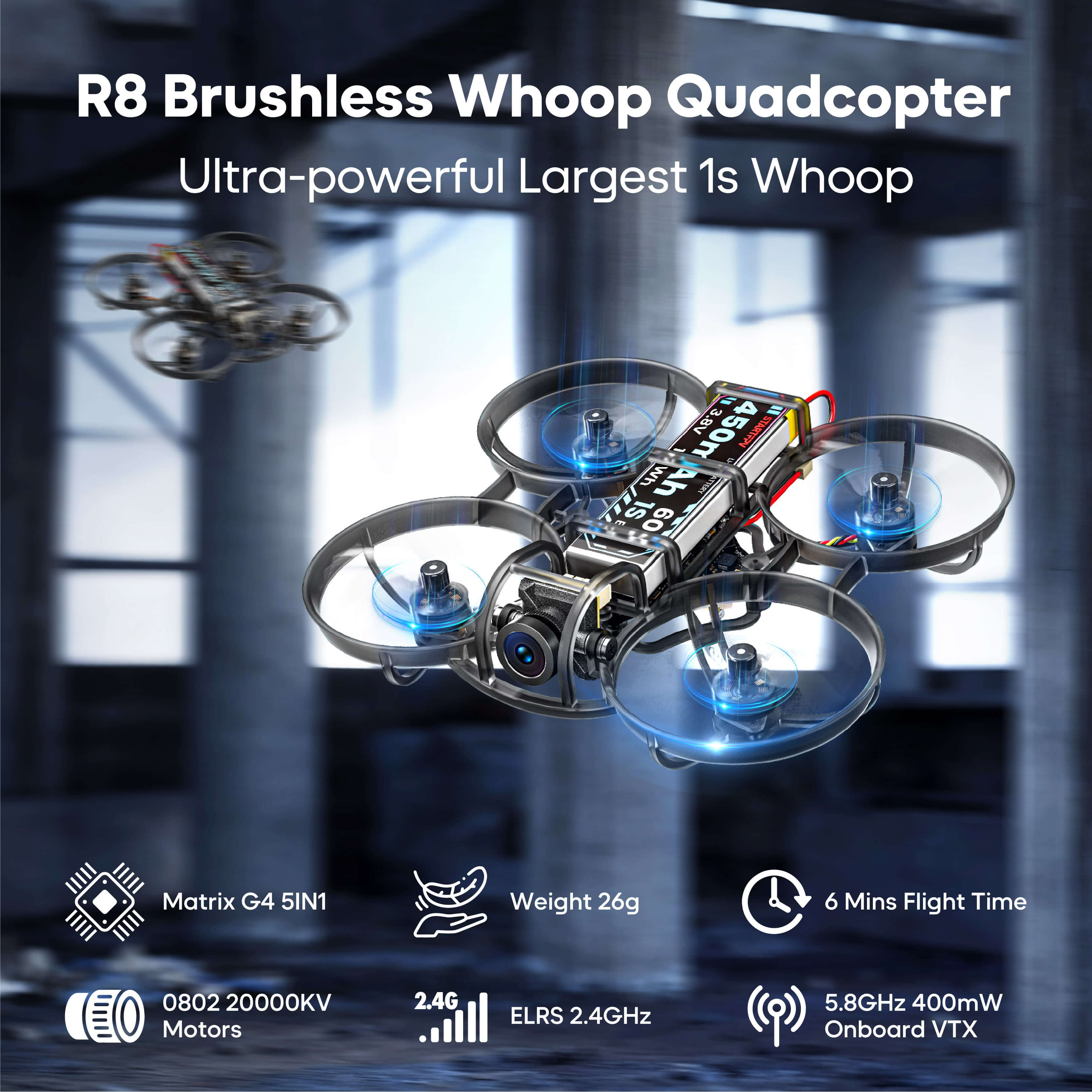 STARTFPV R8 Brushless Whoop Quadcopter - Ultra-powerful Largest 1s Whoop Drone, equipped with Matrix G4 5IN1 Flight Controller, 0802 20000KV Motors, 26g Weight, 6 Mins Flight Time, ELRS 2.4GHz Receiver, and 5.8GHz 400mW Onboard VTX