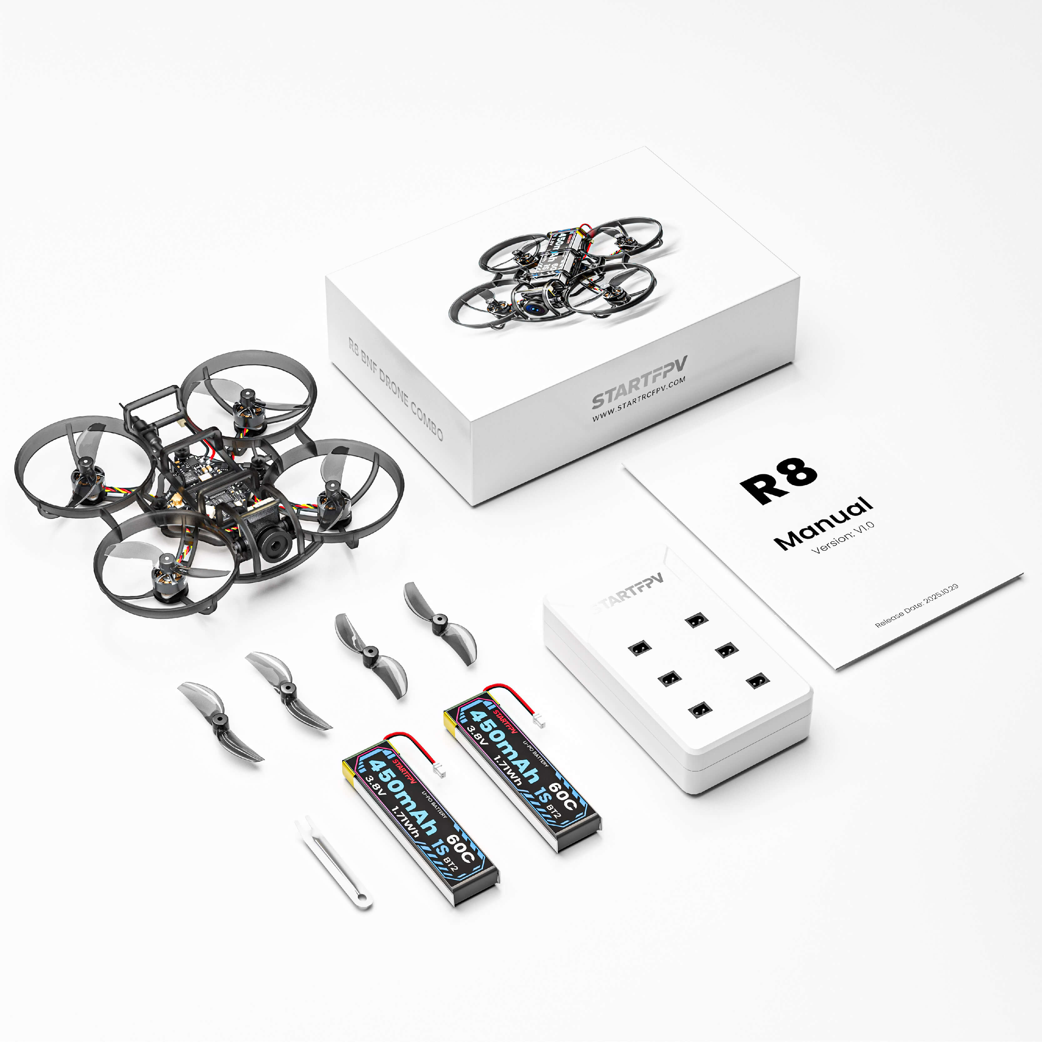 STARTFPV R8 Whoop Drone Combo Package - Includes R8 Drone, 2x 450mAh Batteries, extra Propellers, Charging Hub, and R8 Manual, ready-to-fly FPV drone kit