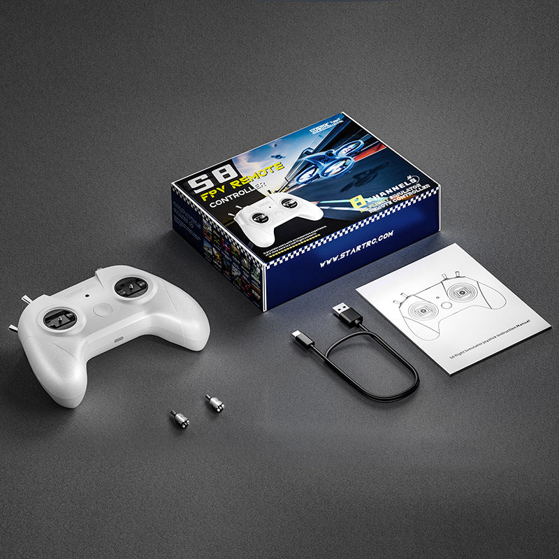 STARTFPV S8 M2 White FPV Simulator Controller package contents including transmitter, USB cable and accessories
