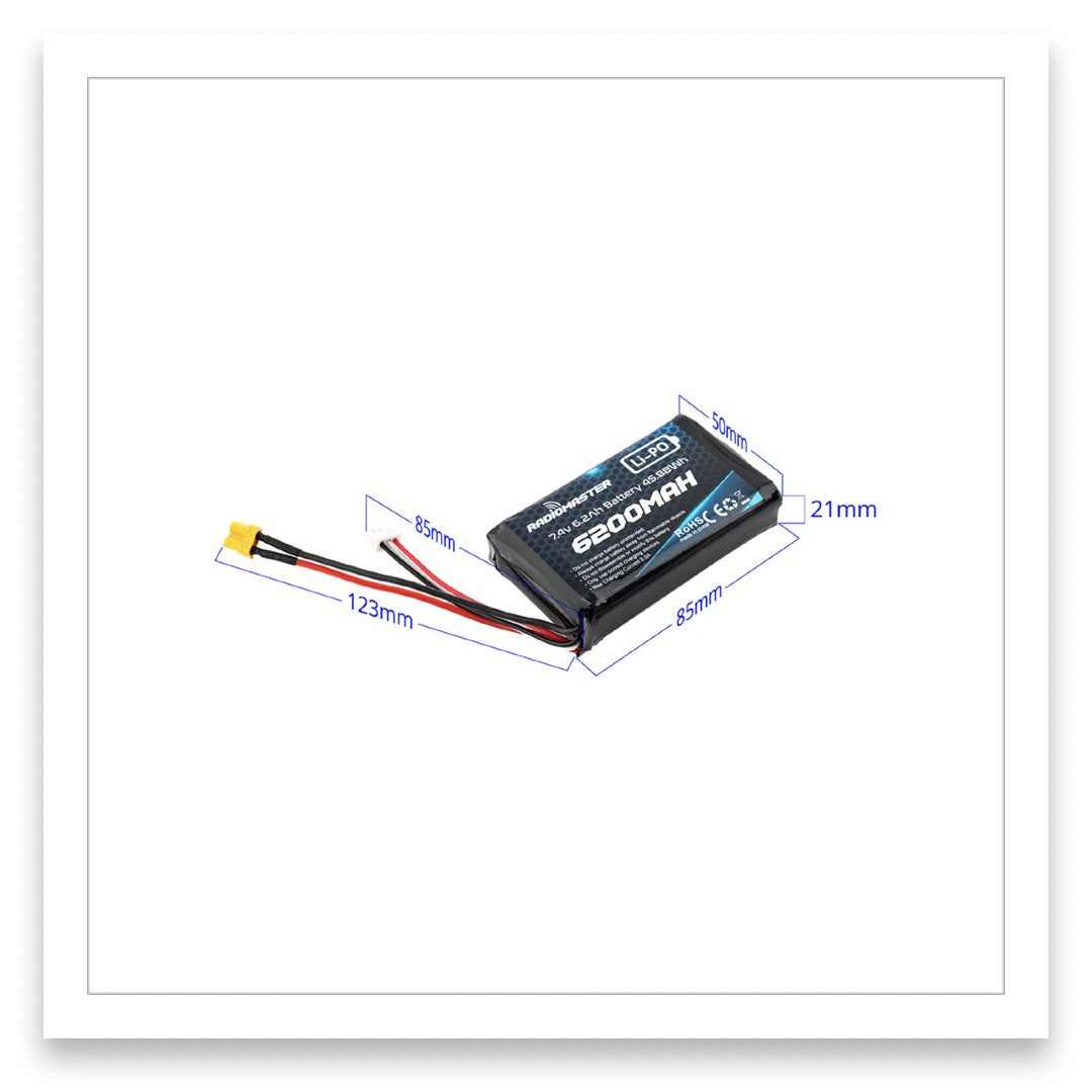 2S 7.4V 6200mAh LiPo Battery dimensions showing 85mm x 50mm x 21mm size and compact design for RadioMaster BOXER and TX16S series radios.