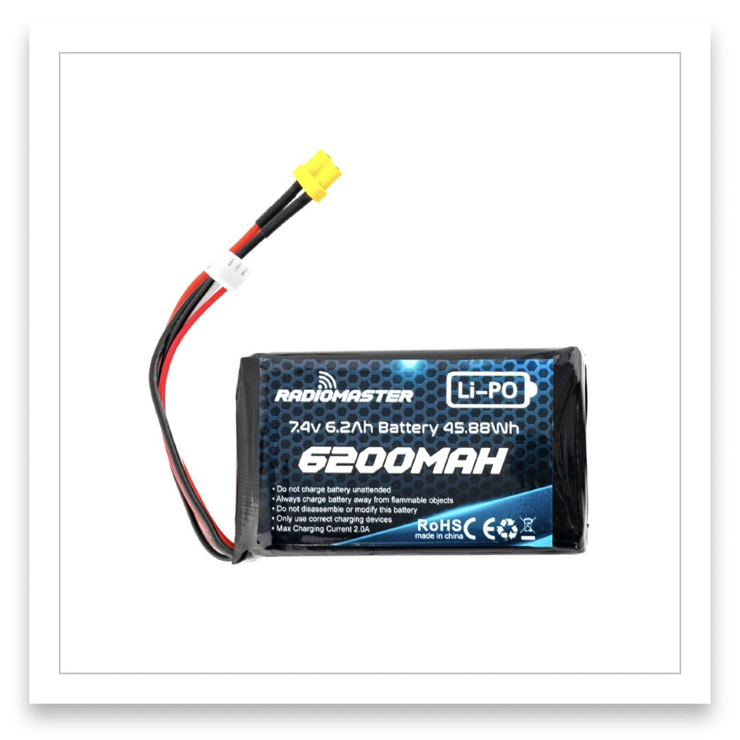 2S 7.4V 6200mAh LiPo Battery installed in RadioMaster BOXER and TX16S series radios, showing full-size view and application in FPV and RC transmitter setups.
