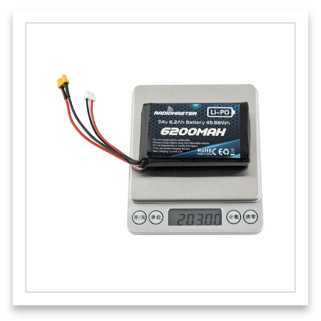 2S 7.4V 6200mAh LiPo Battery weight shown as 203g, suitable for RadioMaster BOXER and TX16S series radios.