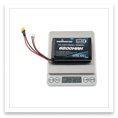2S 7.4V 6200mAh LiPo Battery weight shown as 203g, suitable for RadioMaster BOXER and TX16S series radios.