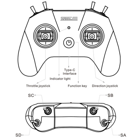 Button layout and function guide for STARTFPV C8 transmitter showing switches, gimbals and control labeling