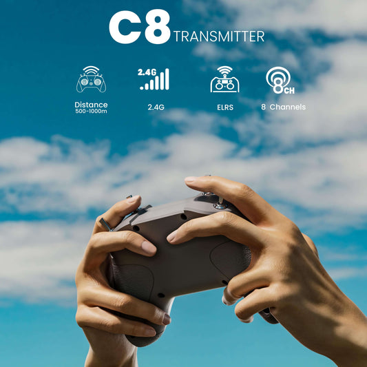 Full view of STARTFPV C8 transmitter with CR8 ELRS receiver highlighting compact design and ergonomic controls