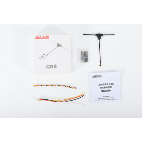 Complete STARTFPV CR8 ELRS Receiver kit including receiver module, antenna, mounting accessories, and user manual
