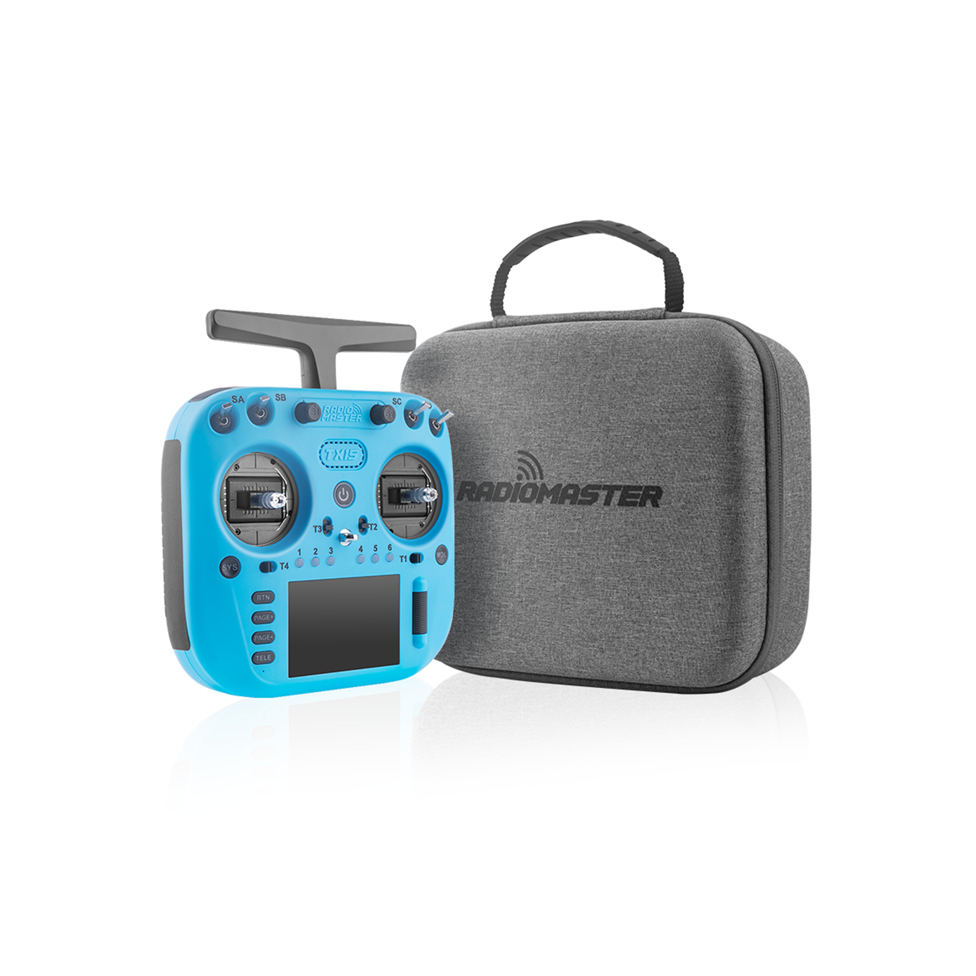 TX15 Radio Controller in Iceberg Blue shown in full view with 3.5-inch IPS touchscreen, V5.0 hall sensor gimbals, and ExpressLRS 2.4GHz / 900MHz Sub-G for FPV and RC applications.