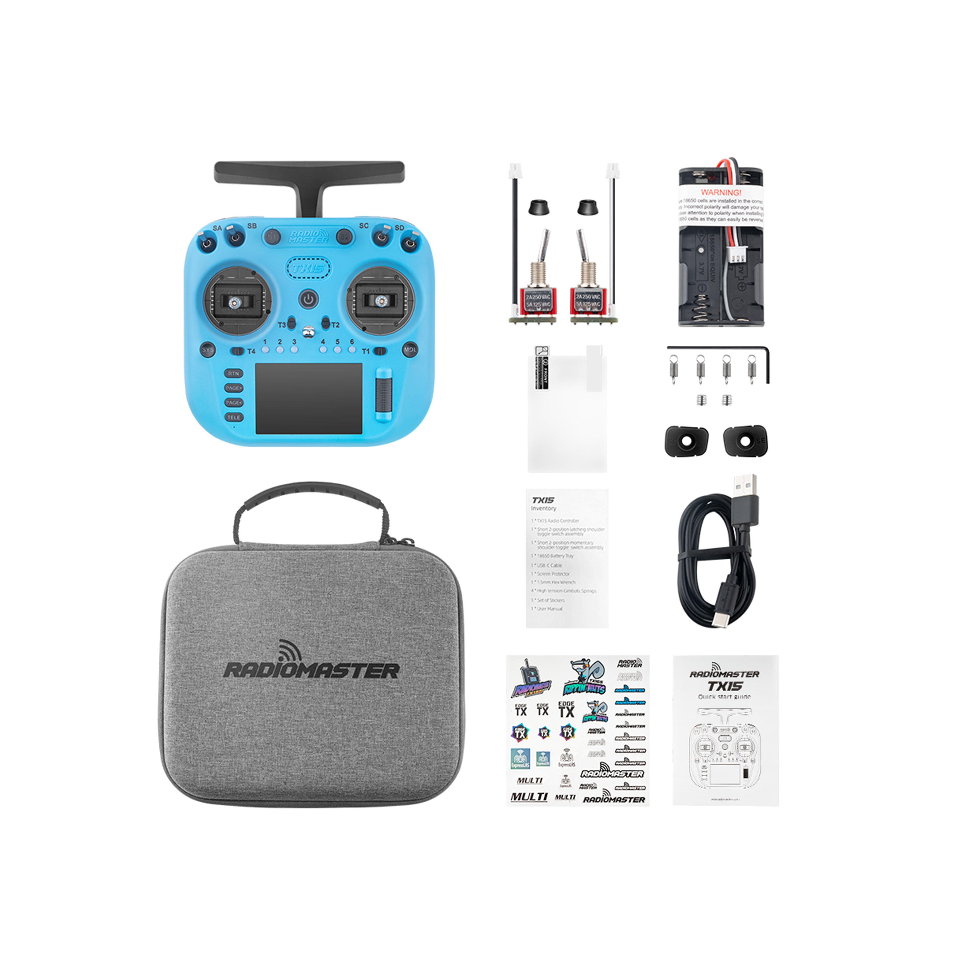 TX15 Radio Controller Iceberg Blue package contents including transmitter, signature carry case, USB-C cable, shoulder switches, battery tray, screen protector, gimbal springs, and user manual.