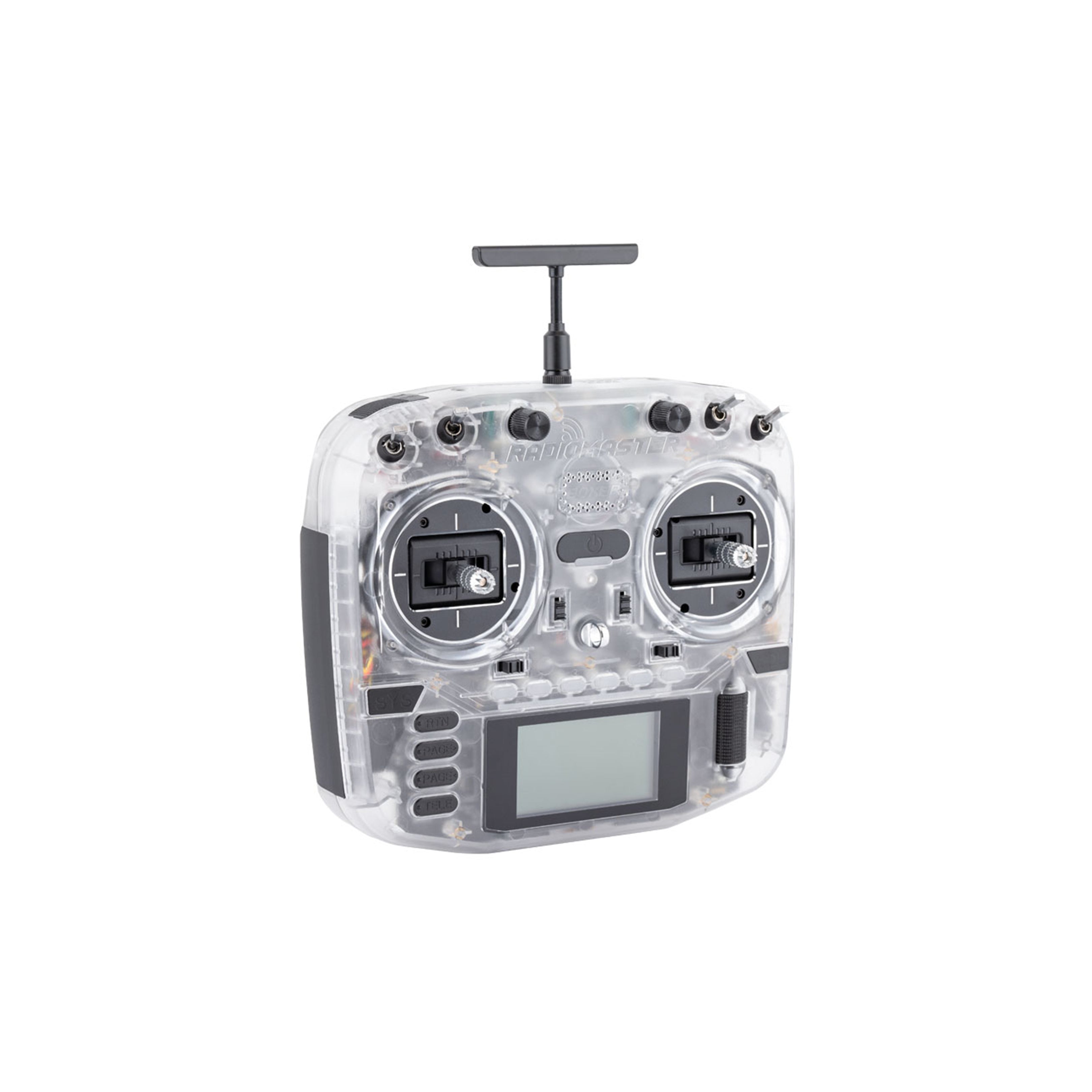 Close-up detail view of the Radiomaster Boxer Transparent Version radio showing precision components and transparent shell craftsmanship.