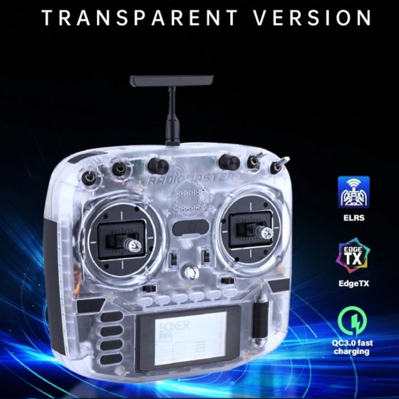 Detail showcase image of the RadioMaster Boxer Transparent Version highlighting the transparent casing, internal components, and premium build quality.