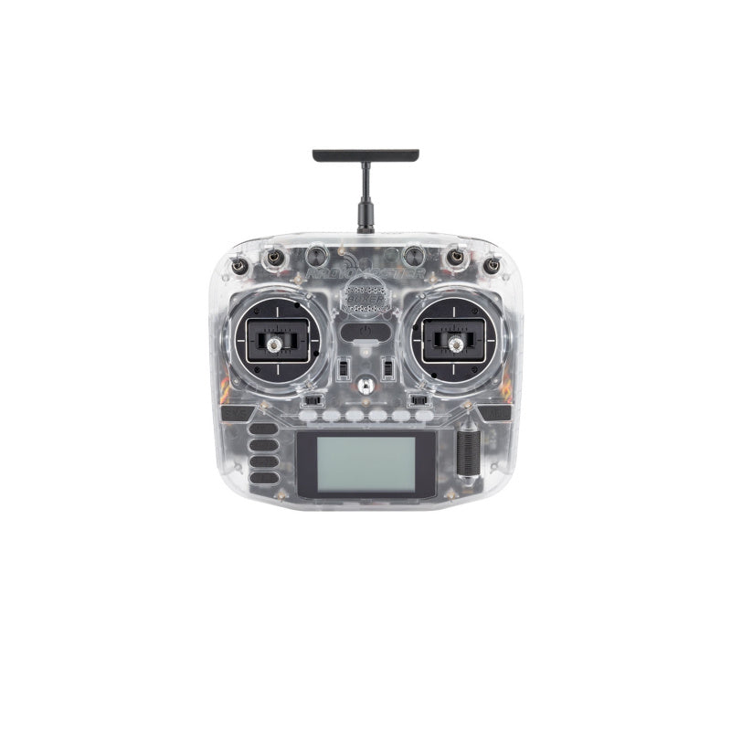 Showcase image of the radiomaster Boxer Transparent Version radio, highlighting its clear shell design and high-performance ELRS features.