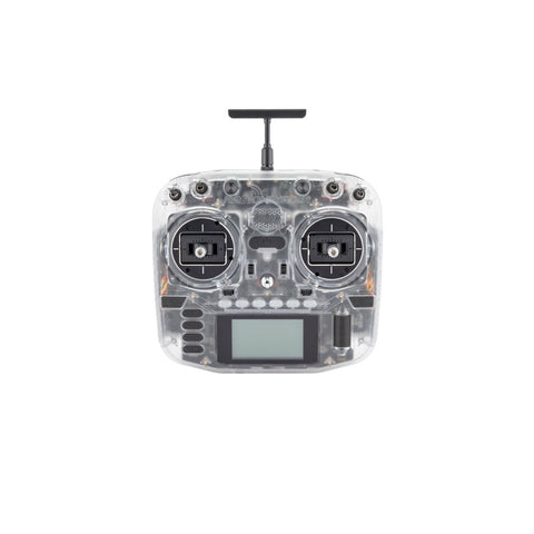 Showcase image of the radiomaster Boxer Transparent Version radio, highlighting its clear shell design and high-performance ELRS features.