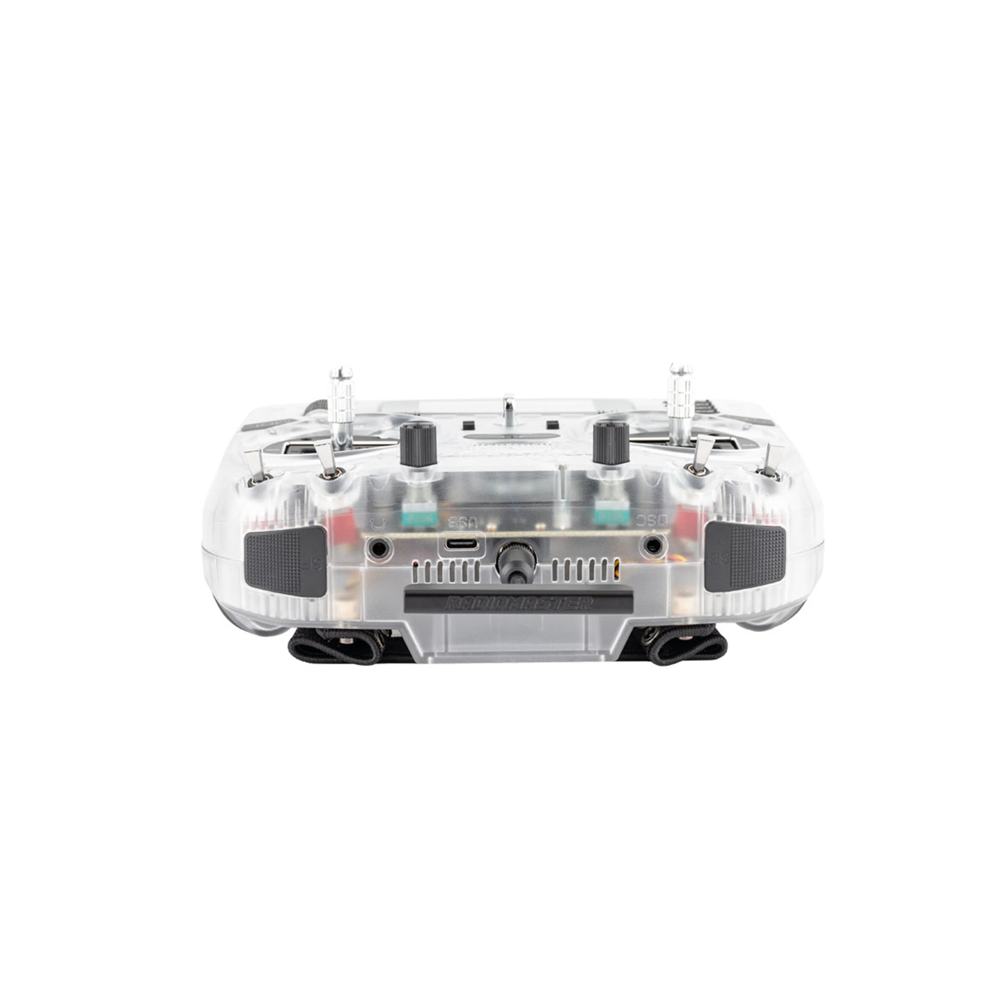 Top view of the RadioMaster Boxer Transparent Version radio showing control layout, internal visibility, and transparent shell design.