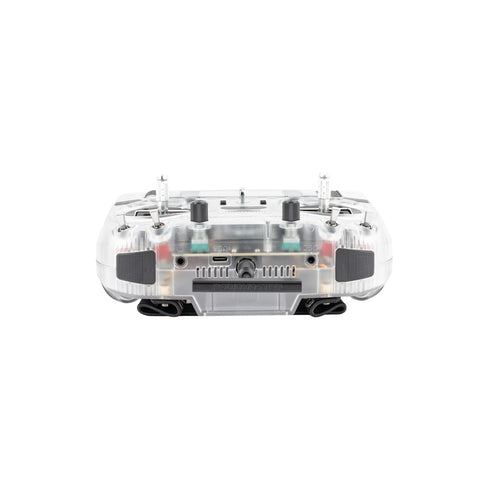 Top view of the RadioMaster Boxer Transparent Version radio showing control layout, internal visibility, and transparent shell design.