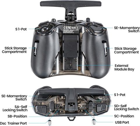 Back view showing ports and battery compartment of Pocket ELRS Transmitter