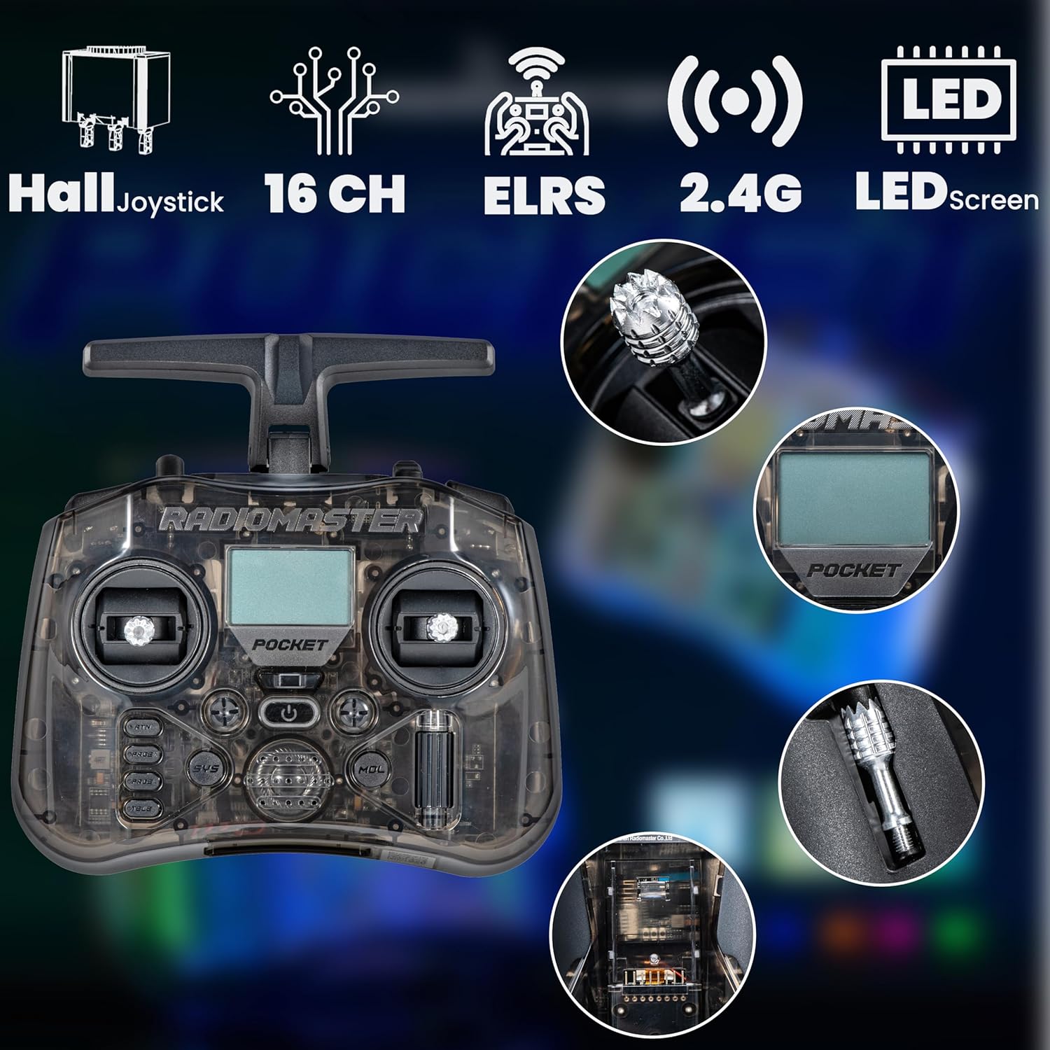 Close-up of Hall-effect gimbals and trim buttons on Radiomaster Pocket