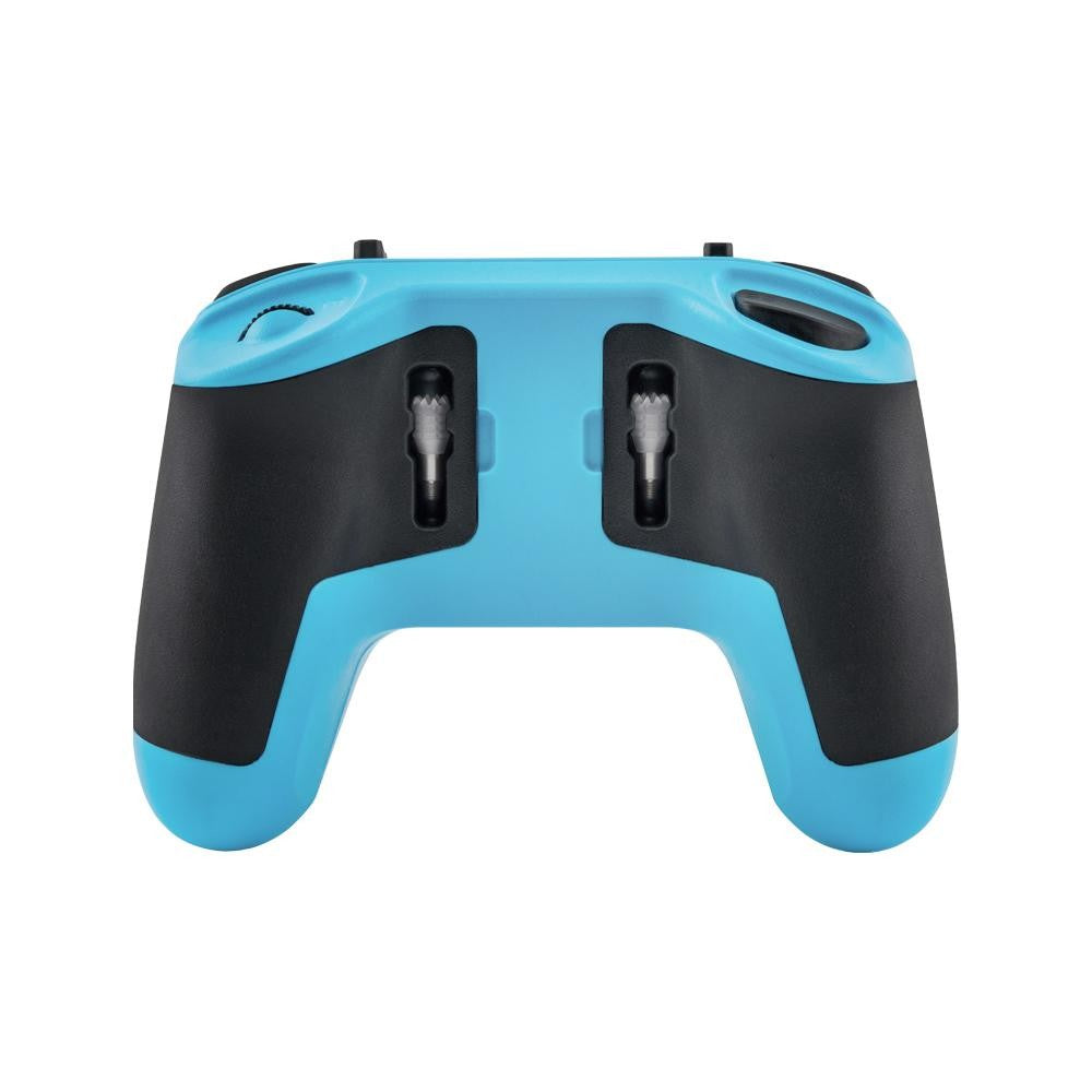 Back view of the RadioMaster T8L M2 blue edition radio controller showing battery compartment, rear controls, and ergonomic design.