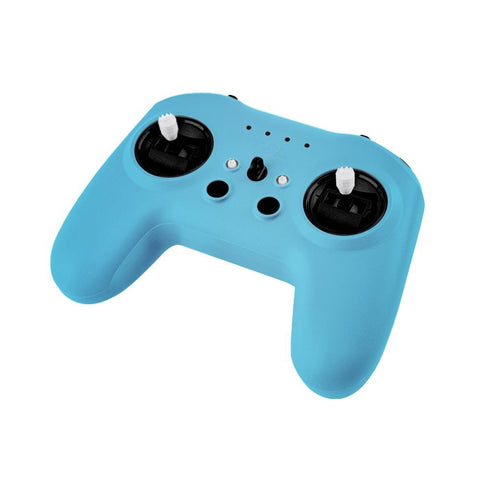 Close-up detail of the RadioMaster T8L M2 blue edition showing X5 Hall-effect gimbals, buttons, and ergonomic construction.