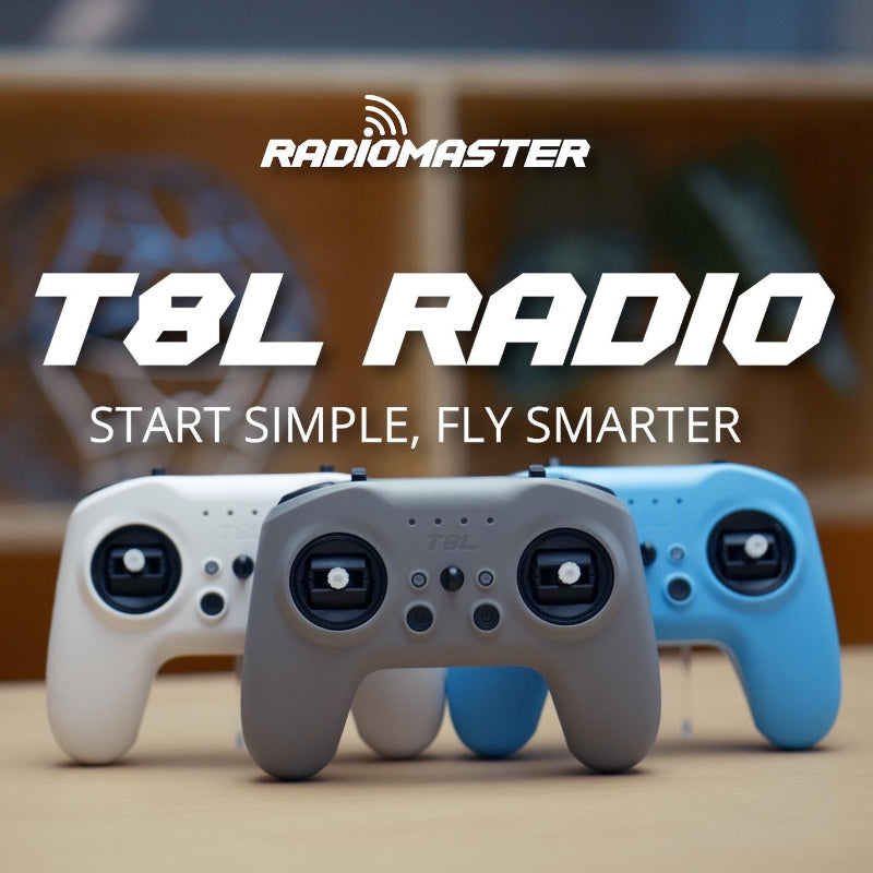 Showcase image of the RadioMaster T8L M2 blue edition radio controller highlighting its compact design, ergonomic layout, and built-in 2.4GHz ExpressLRS module.
