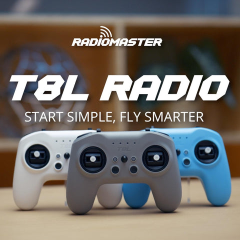 Showcase image of the RadioMaster T8L M2 blue edition radio controller highlighting its compact design, ergonomic layout, and built-in 2.4GHz ExpressLRS module.