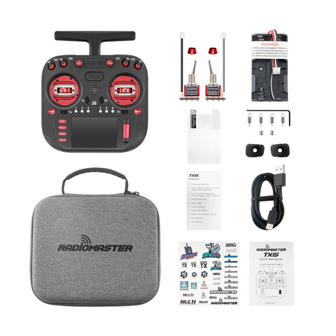 RadioMaster TX15 Max Radio Controller ELRS M2 with included accessories such as antenna, strap, and charger