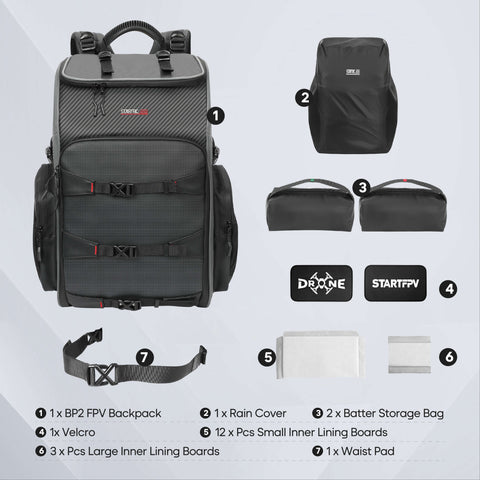 STARTFPV BP2 FPV Backpack package contents including backpack, rain cover, battery storage bags, inner lining boards, Velcro, and waist pad.