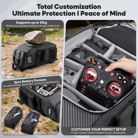 STARTFPV BP2 FPV Drone Backpack showing customizable DIY divider design for organizing drones and accessories efficiently