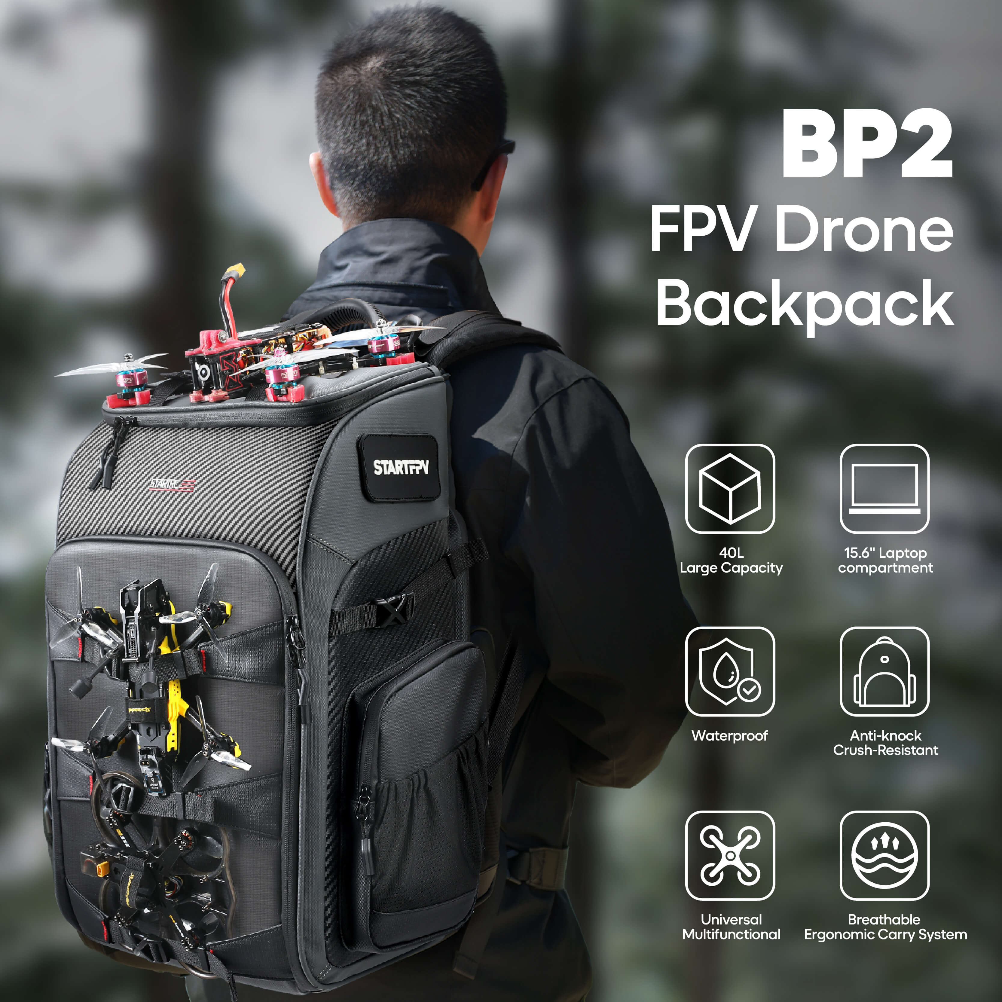 STARTFPV BP2 FPV drone backpack key features including 40L large capacity, 15.6-inch laptop compartment, crush-resistant protection, waterproof design, breathable structure, multifunctional layout, and ergonomic carry system.