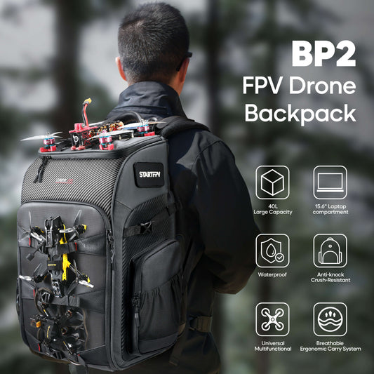 STARTFPV BP2 FPV drone backpack key features including 40L large capacity, 15.6-inch laptop compartment, crush-resistant protection, waterproof design, breathable structure, multifunctional layout, and ergonomic carry system.