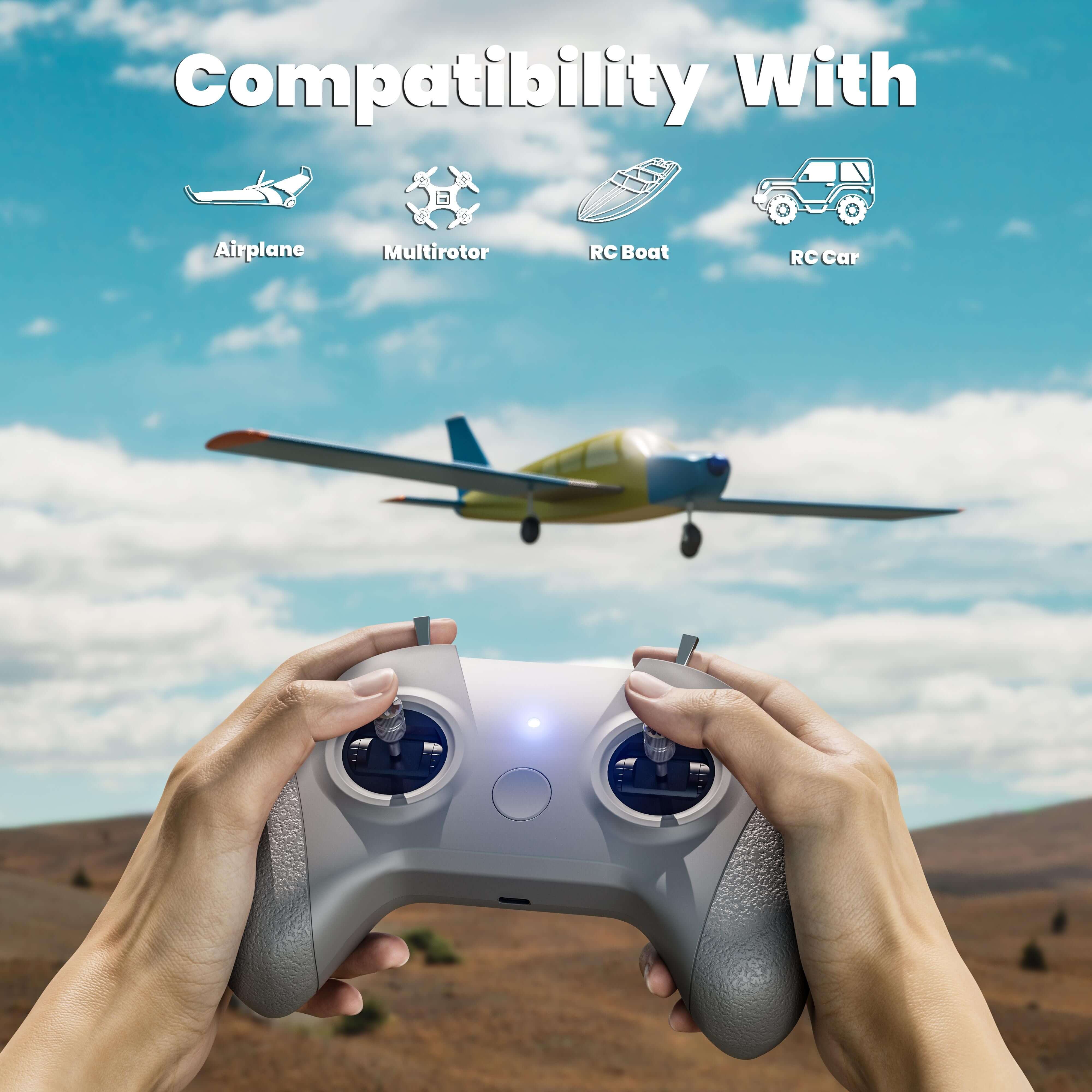 STARTFPV C8 transmitter paired with CR8 ELRS receiver shown compatible with RC planes, RC cars, and FPV drones for versatile B2B training, club, and educational applications.