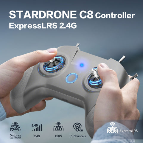STARTFPV C8 Transmitter M2 highlighting 2.4GHz ELRS signal transmission, showcasing stable, long-range, low-latency control for FPV drones and micro racing drones.