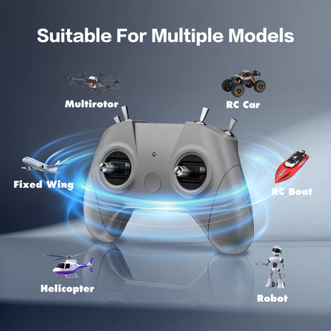 STARTFPV C8 Transmitter M2 paired with CR8 ELRS receiver, showing compatibility with RC planes, RC cars, and RC boats, providing stable, low-latency control for multiple remote-controlled vehicles.