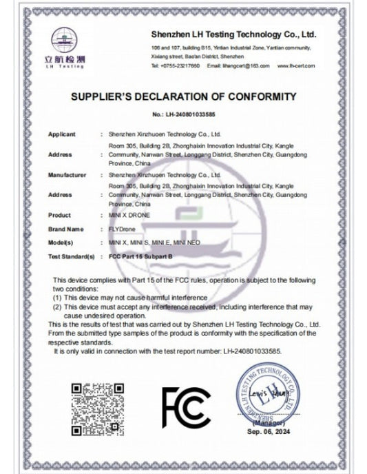 STARTFPV MINI X DRONE FCC Certificate - Supplier's Declaration of Conformity by LH Testing, compliant with FCC Part 15 Subpart B