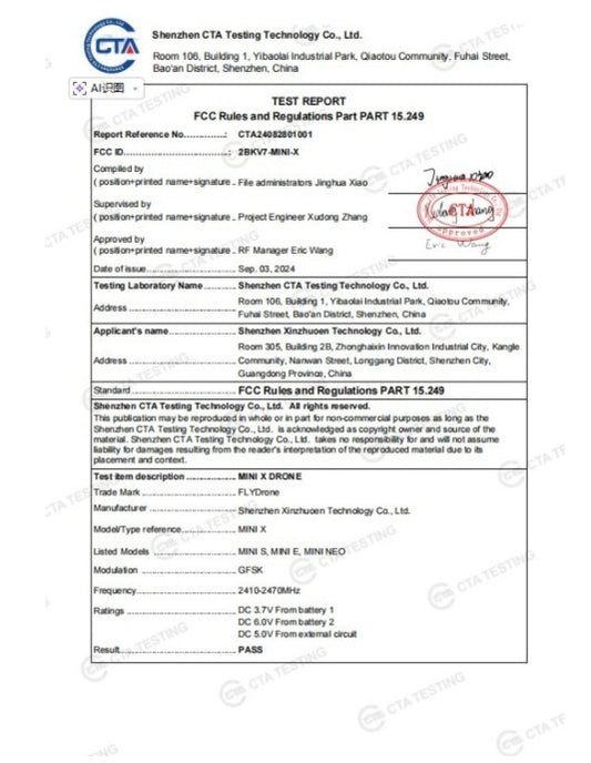 STARTFPV MINI X DRONE FCC Test Report - Compliance with FCC Rules and Regulations PART 15.249 by CTA Testing