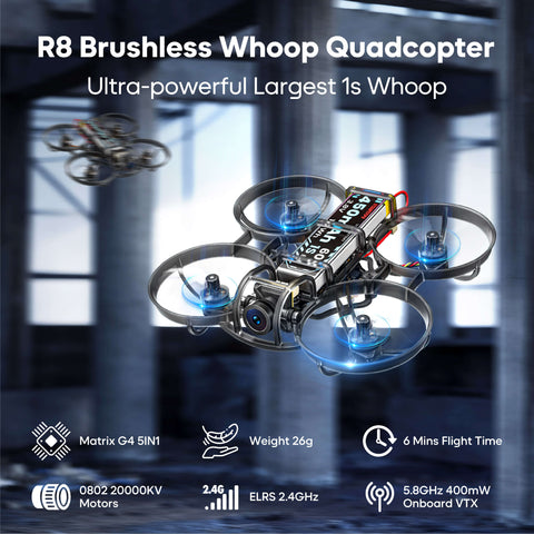 STARTFPV R8 Brushless Whoop Quadcopter - Ultra-powerful Largest 1s Whoop Drone, equipped with Matrix G4 5IN1 Flight Controller, 0802 20000KV Motors, 26g Weight, 6 Mins Flight Time, ELRS 2.4GHz Receiver, and 5.8GHz 400mW Onboard VTX