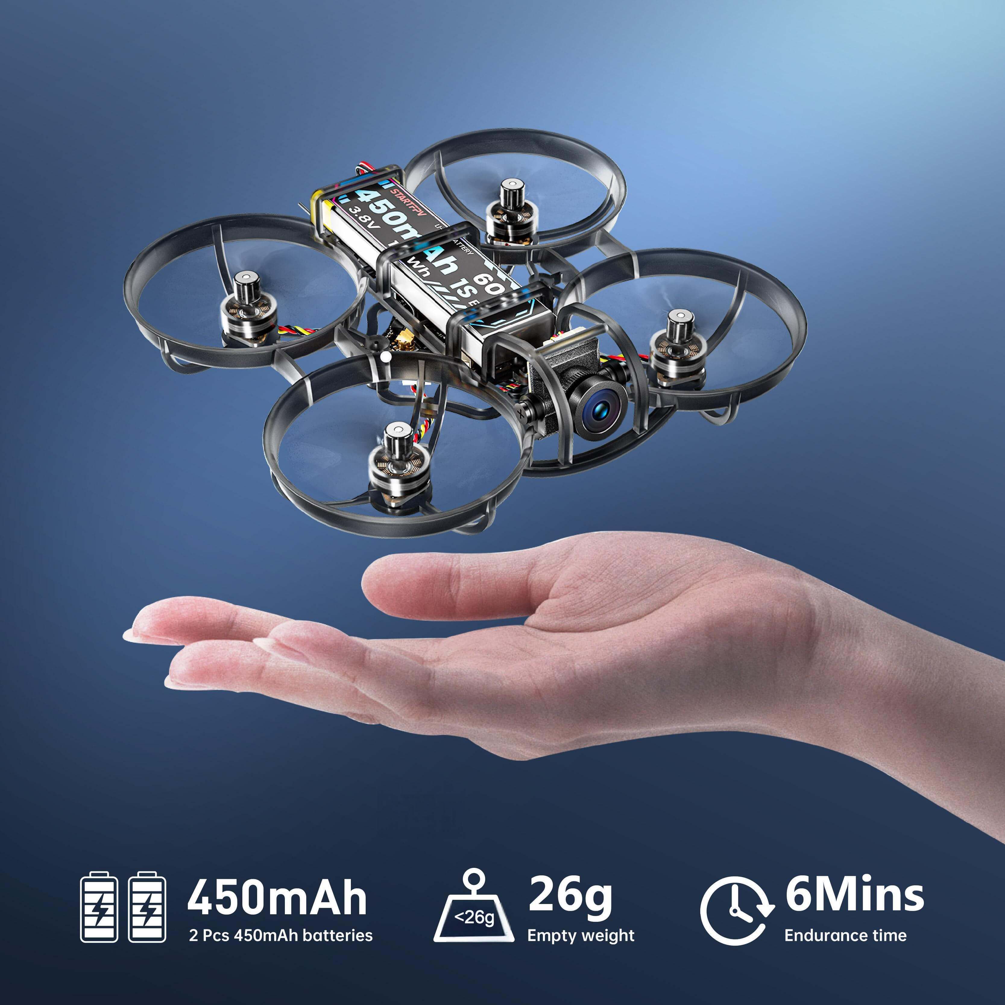 STARTFPV R8 Brushless Whoop Drone - 26g Empty Weight, includes 2 Pcs 450mAh Batteries, providing 6Mins Flight Endurance Time, lightweight and portable