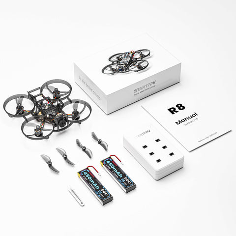 STARTFPV R8 Whoop Drone Combo Package - Includes R8 Drone, 2x 450mAh Batteries, extra Propellers, Charging Hub, and R8 Manual, ready-to-fly FPV drone kit