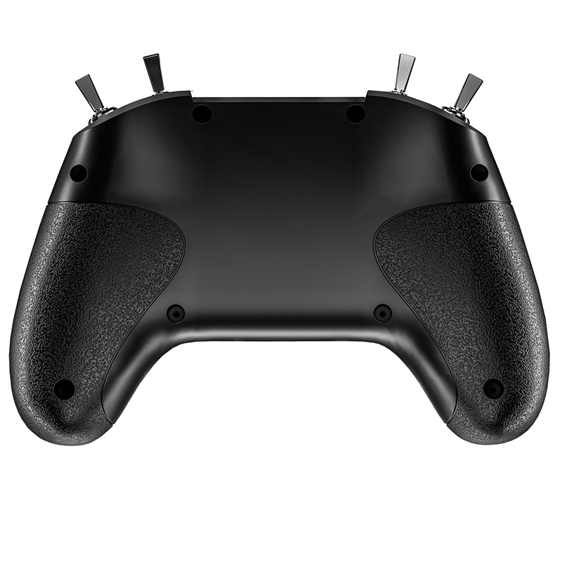 Rear view of STARTFPV S8 8CH FPV simulator controller (Black) showing ergonomic grip, battery compartment, and connectivity ports for USB-C plug-and-play setup, ideal for FPV pilots, clubs, and training centers.