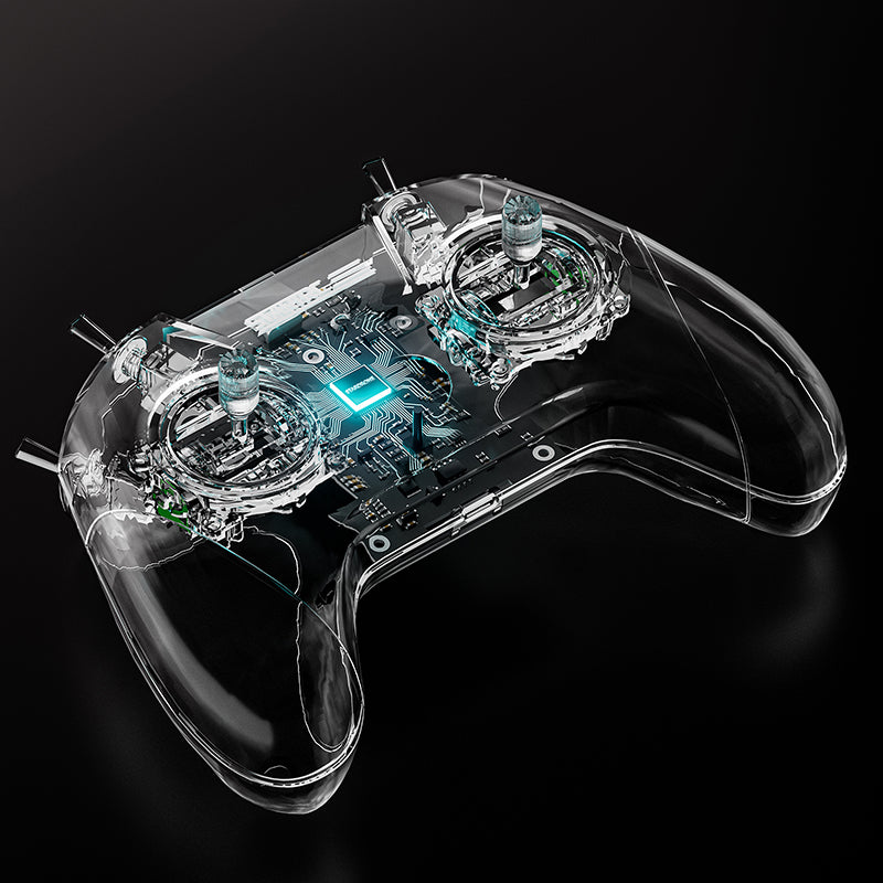 Transparent view of STARTFPV S8 8CH FPV simulator controller (Black) showing high-quality internal electronic components, precise gimbals, and durable construction, highlighting reliability and professional-grade build for FPV training centers and pilots.