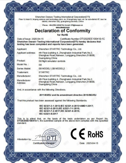 STARTFPV S8 Flight Simulator Controls CE RoHS Certificate - Declaration of Conformity by Desay Testing, compliant with EU Directive 2011/65/EU
