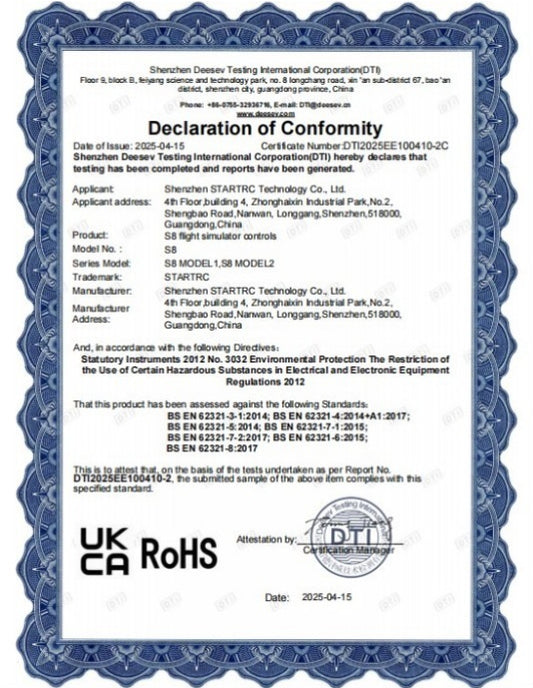 STARTFPV S8 Flight Simulator Controls UKCA RoHS Certificate - Declaration of Conformity by Desay Testing, compliant with UK RoHS Regulations 2012
