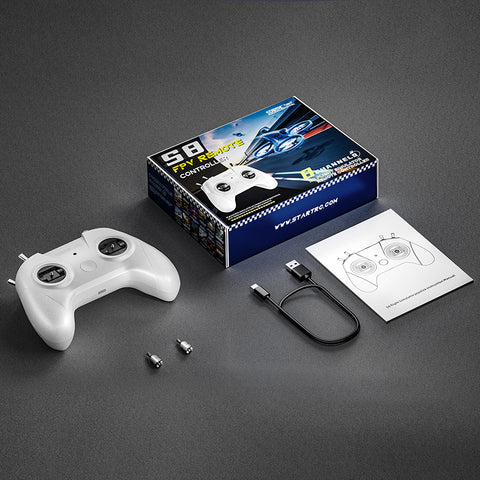 STARTFPV S8 M2 White FPV Simulator Controller package contents including transmitter, USB cable and accessories
