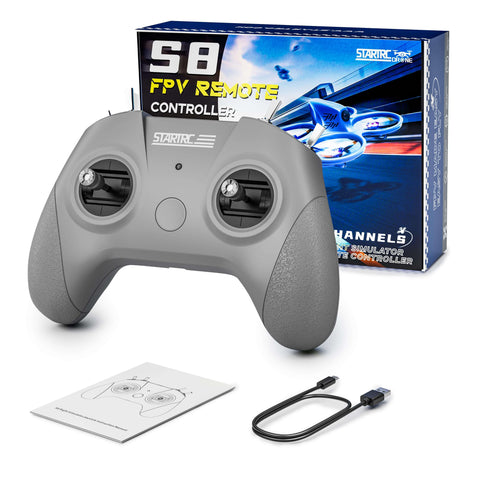 Complete package contents of STARTFPV S8 Pro M2 FPV simulator controller, including controller, USB-C cable, and all accessories for plug-and-play setup, ideal for FPV training centers, clubs, and professional pilots.